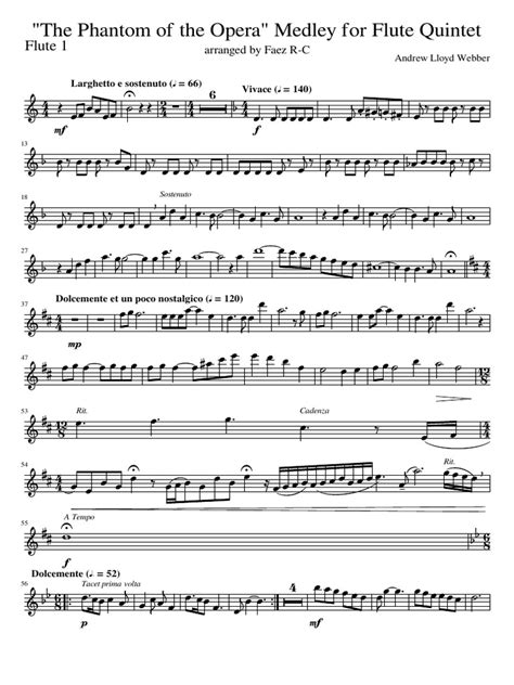 Free educational sheet music for beginner intermediate piano. Phantom of the Opera Medley for Flute Quintet-Flute 1 | Musicology | Notation