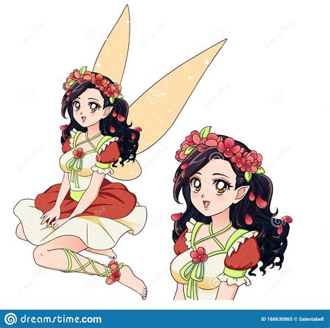 Pretty Fairy With Curly Black Hair Wearing Flower Wreath And Cute Red