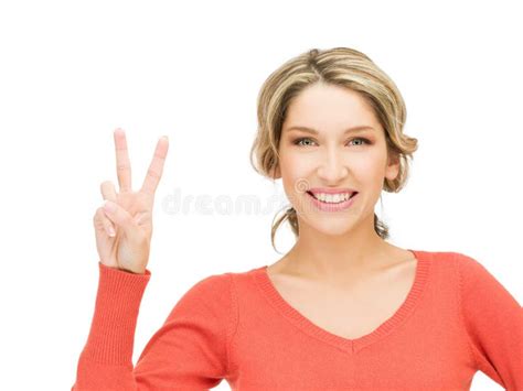 Young Woman Showing Victory Sign Stock Image Image Of Confident