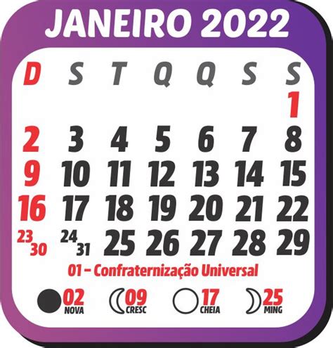 Calendário 2022 Janeiro Com Feriados Fases Da Lua Para Imprimire Ou