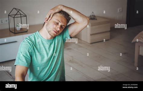 Man Stretching His Neck Muscles Morning Workout Healthcare Stock