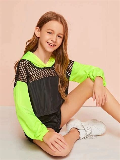 Girls Fishnet Insert Neon Lime Panel Wind Hoodie And Shorts Set Girls