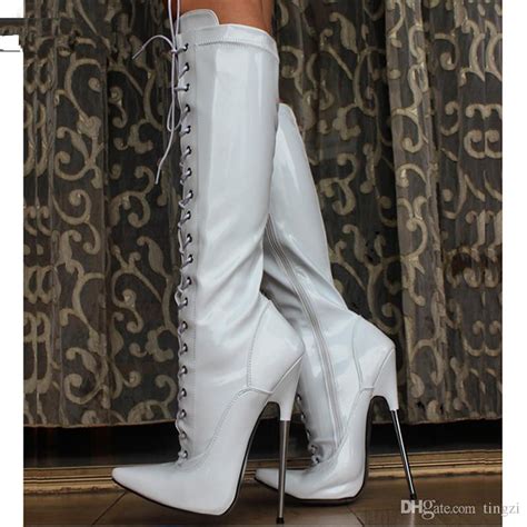 7 Ultra High Heel Metal Heel 18cm Stiletto Poited Toe Cross Tied Knee High White Ballet Boots