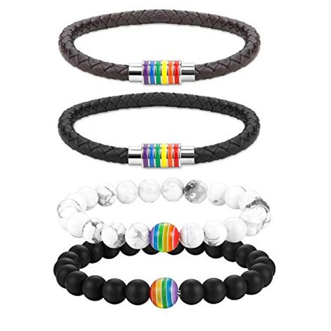 cupimatch 4pcs lgbt rainbow braided leather bracelet bangle gay and lesbian pride lava rock stone