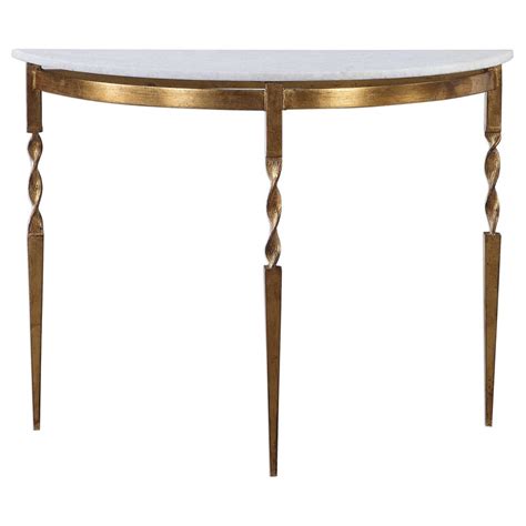 Ivy Hollywood Regency Gold Iron Base White Marble Top Demilune Console