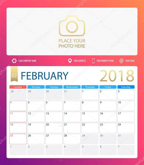 February 2018 Illustration Vector Calendar Or Desk Planner Weeks