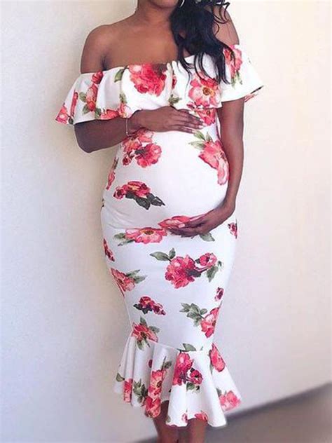 White Floral Off Shoulder Ruffle Bodycon Mermaid Maternity For