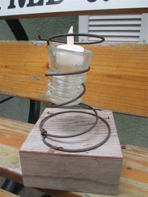Insulator Candle Holder Antique Clear Glass Insulator Bedspring Wood