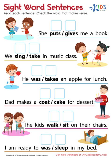 Sight Words Sentences Worksheet For Kids