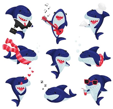 Premium Vector Set Of Cartoon Sharks Vector Illustration On White