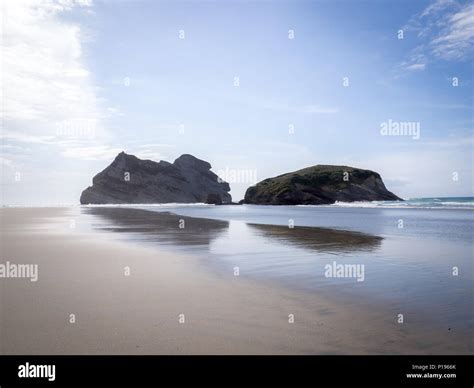 Rock Landscape Sandy Beach Reflection Wharariki Beach South Island