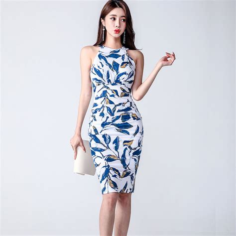 Wholesale Korean Halter Printing Pleated Bodycon Dresses Efg051632bu