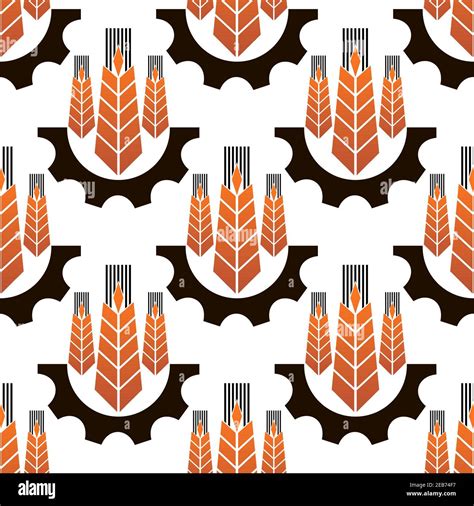 Ripe Orange Wheat Ears In Gear Wheels Seamless Pattern On White