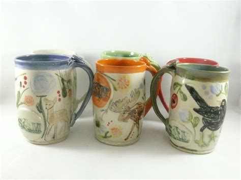 Hand Made Four Coffee Mugs Set Artistic Carved And Glazed Ceramic