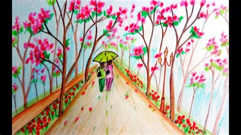How To Draw Scenery Of Spring Season Easy Drawing Youtube