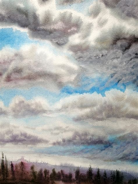 Watercolor Painting Of Cloudy Skies In The Park Original Etsy