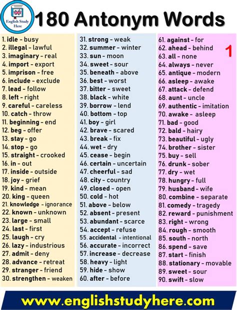 Synonyms Antonyms Homonyms List English Study Here Antonyms Words