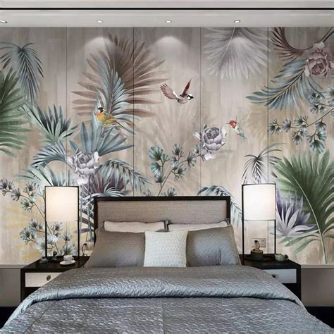 3d Wallpaper Walls Leaves Flowers Birds Wall Mural Retro