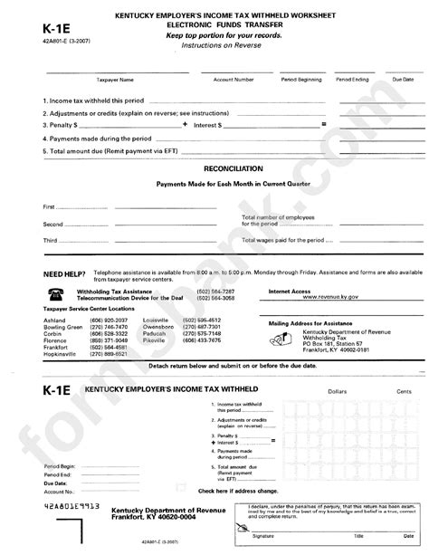 Form K 1e Kentucky Employers Income Tax Withheld Worksheet Printable