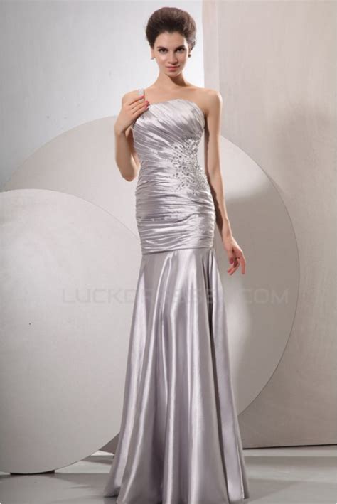 Long Silver Beaded One Shoulder Prom Evening Formal Party