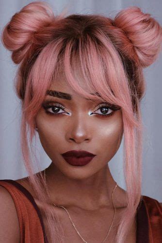 Create some beautiful waves for your mane and tie half of your hair on a bun on top of your head. 24 Hairstyles with Bun and Bangs | Pastel pink hair, Pink ...