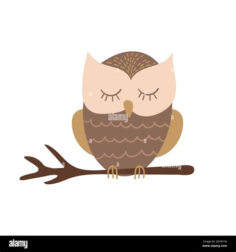 Cute Cartoon Owl Sitting On A Branch Funny Woodland Character Isolated