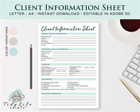 Client Information Sheet Printable Real Estate Agent Form Etsy Uk
