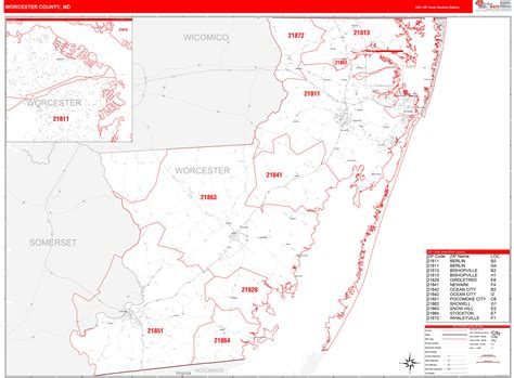 Worcester County Md Zip Code Wall Map Red Line Style By Marketmaps