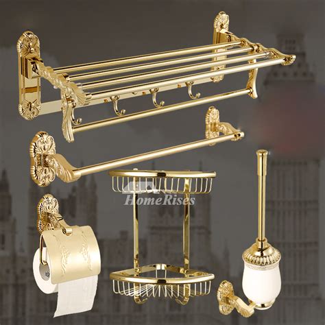 Polished Brass Bathroom Accessories Set Gold Carved Stainless Steel Luxury