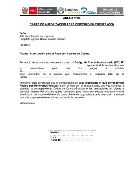 Anexo N° 04 Carta De Autorización Para Depósito En Cuenta Cci