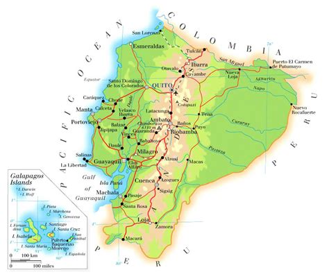 Detailed Physical Map Of Ecuador With Roads Cities And Airports