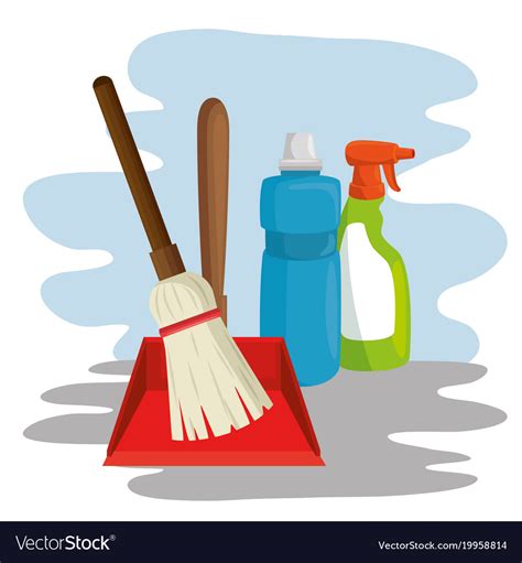 Cleaning Supplies With Spray Broom Dustpan Vector Image