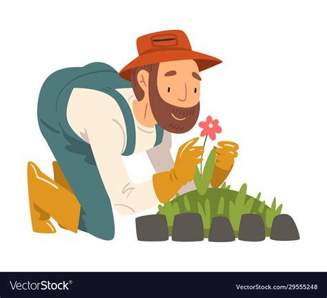 Man Gardener Planting And Admiring Flower Vector Image