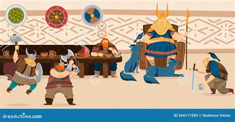Vikings And Scandinavian Warriors Repast Cartoon Vector Illustration