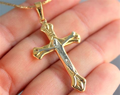 Mens Large Crucifix Cross Pendant Necklace 18kt Gold Filled Etsy