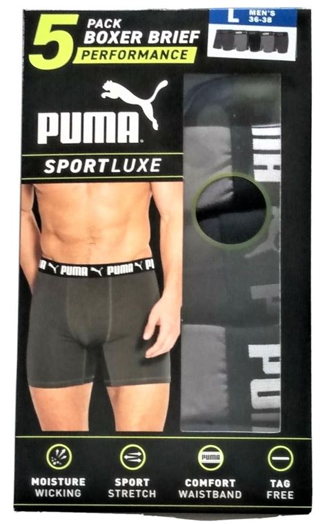 Puma Mens Sportluxe Performance Boxer Brief 5 Pack Large Blue Gray