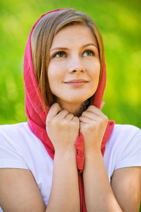 Portrait Of Young Woman In Red Stock Photo Image Of Bright Face
