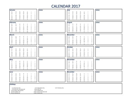 2017 Calendar Excel A3 With Notes Templates At