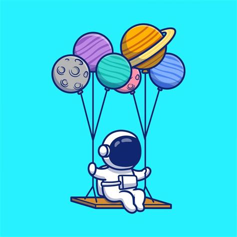 Cute Astronaut Swinging With Planets Cartoon Vector Icon Illustration