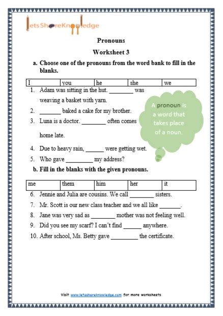 grade  grammar pronouns printable worksheets lets share knowledge