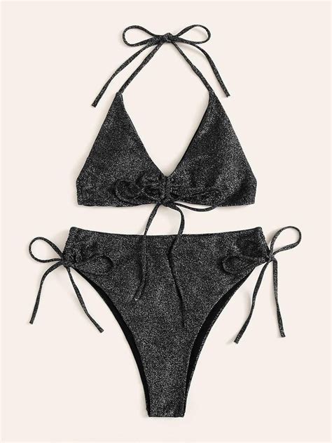 Black Glitter Halter Top Swimsuit With Drawstring Side Bikini Bottom