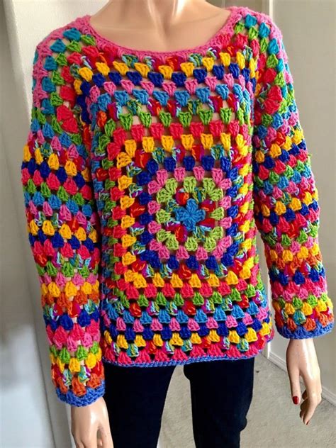 Crochet Granny Square Pullover Sweater Long Sleeve Blouse Granny