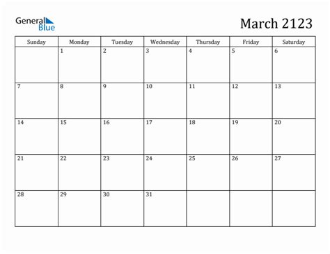 March 2123 Monthly Calendar Pdf Word Excel