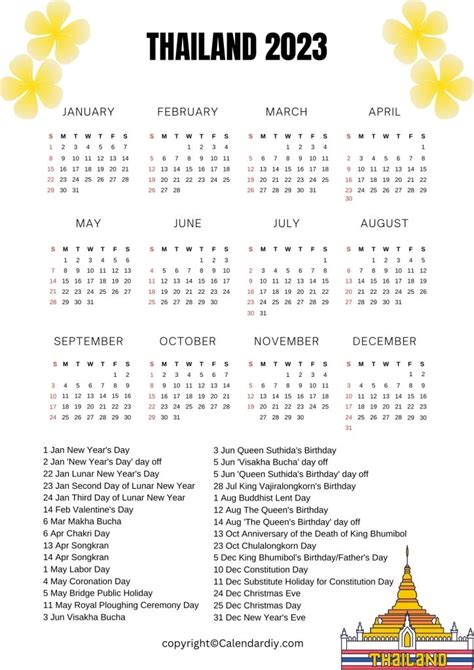 Free Printable Thailand Calendar 2023 With Public Holidays