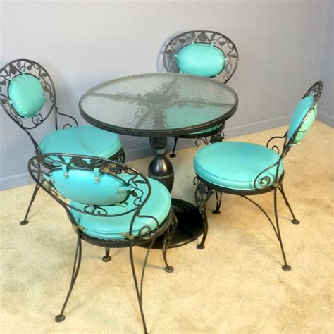 Vintage patio furniture of iron repainted in various vivid colours. Woodard Chantilly Rose Pedestal Glass Top Patio Table 4 ...