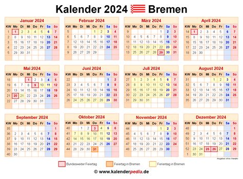 Kalender 2024 Bremen Ferien Feiertage Word Vorlagen