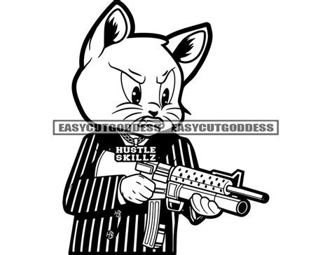 Thug Gangster Cat Riffle Cartoon Character Classy Suit Street Boy Bank