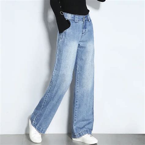Women Summer Fashion Washed Denim Jeans Women Loose Wide Leg High Waist Straight Jeans Plus Size