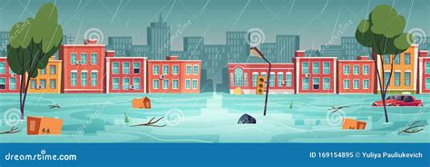 Flood In Town River Water Stream On City Street Stock Vector