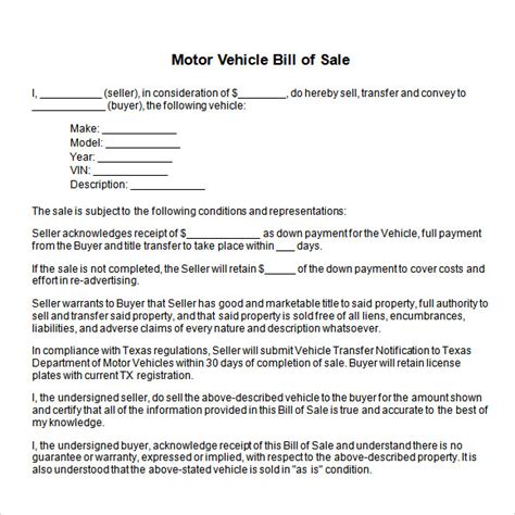 Printable Vehicle Bill Of Sale Template Word